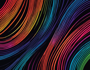 Rainbow Colored Pattern with Abstract Curve Lines. Vector Spiral Lines with Gradient on Black Background.