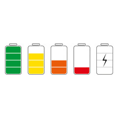 Battery charge from high to low flat icons. Battery charging in multiple colors. Discharged and fully charged battery. Phone charge level vector illustration. Charge power.