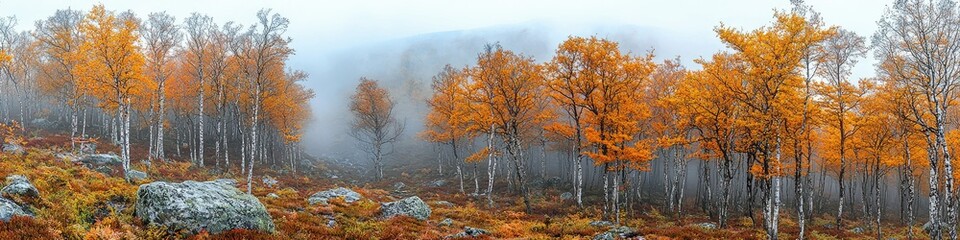 Fototapeta premium Misty autumnal forest with golden and white birch trees, rocks, and fog.