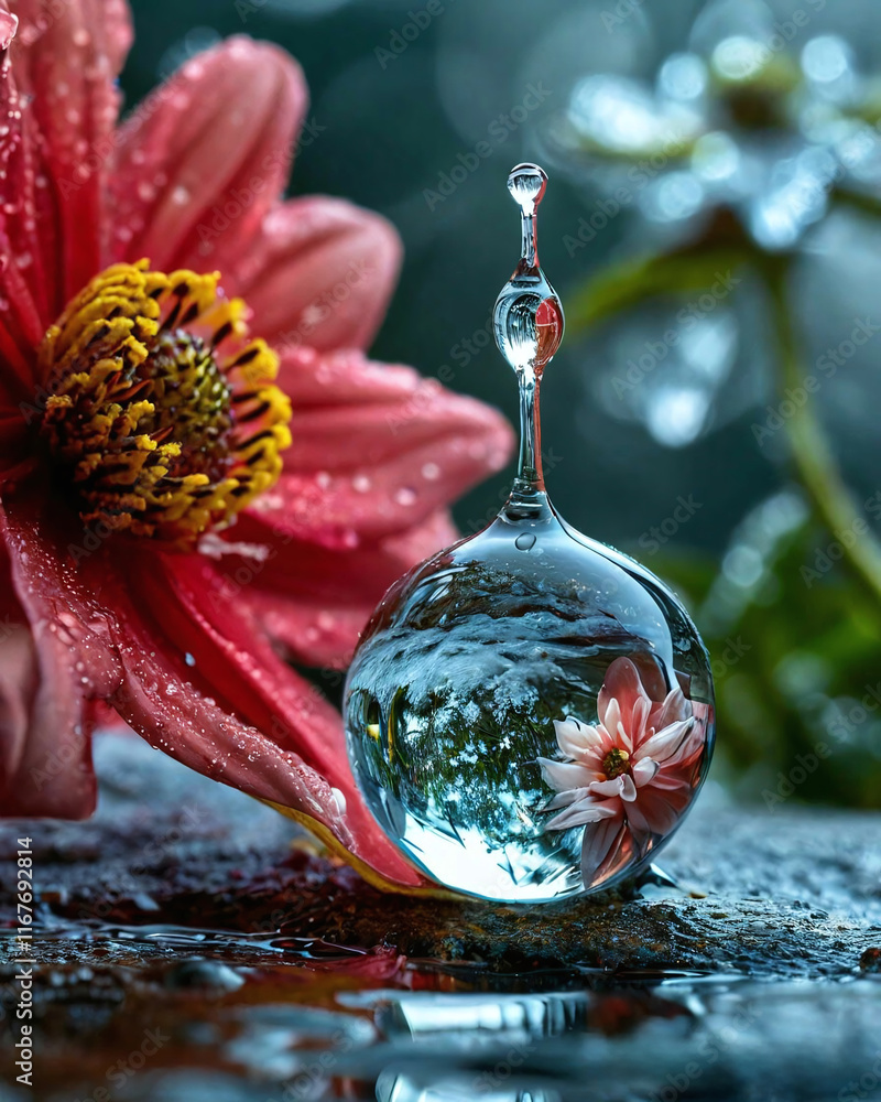 Poster a close-up shows a drop of water hanging from a branch. reflections are visible inside the drop, and