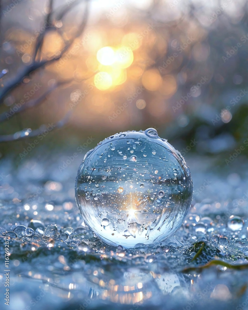 Poster a transparent ball lying on a surface covered with water droplets. drops are also visible inside the