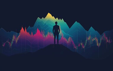 Silhouette of a person contemplating financial data against a vibrant mountain backdrop at dusk