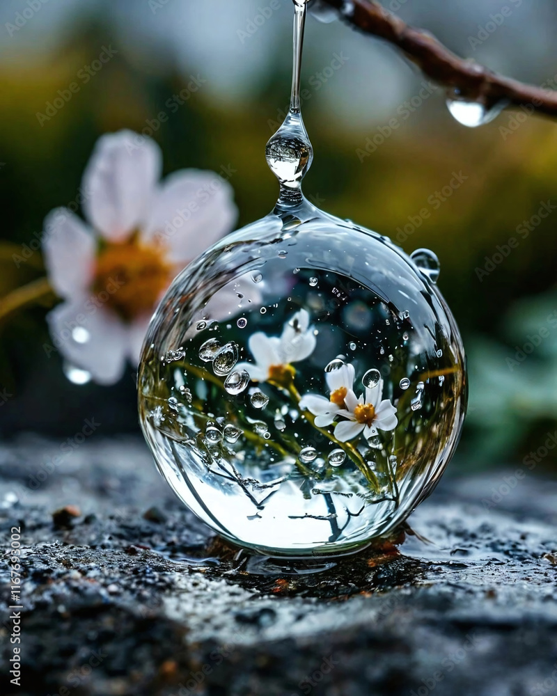 Aufkleber a close-up shows a drop of water hanging from a branch. reflections are visible inside the drop, and
