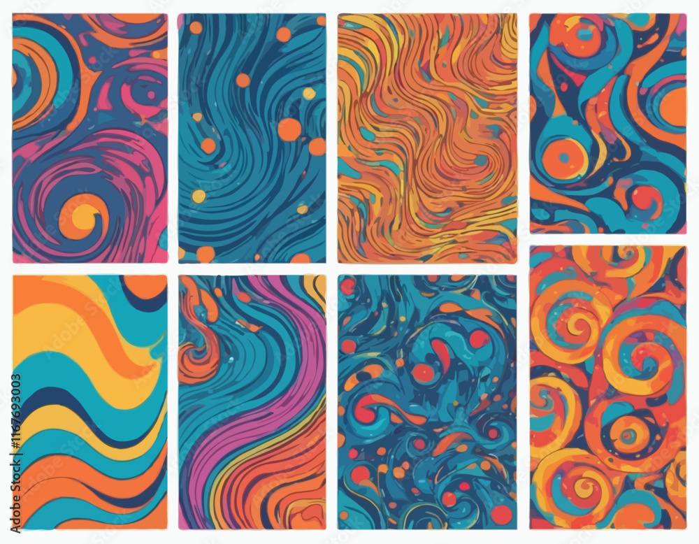 Poster set of wavy seamless trippy patterns in psychedelic colors. abstract vector swirl backgrounds. 70s a