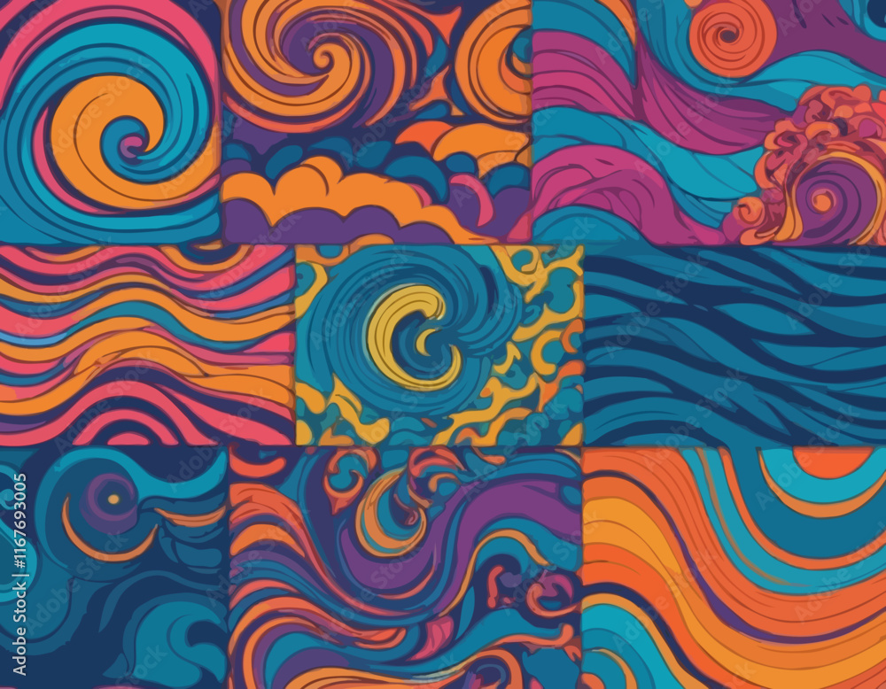 Poster set of wavy seamless trippy patterns in psychedelic colors. abstract vector swirl backgrounds. 70s a