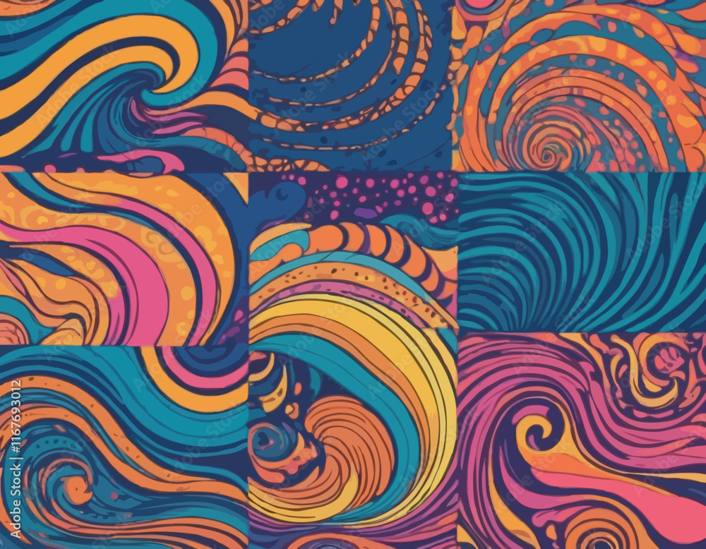 Poster set of wavy seamless trippy patterns in psychedelic colors. abstract vector swirl backgrounds. 70s a