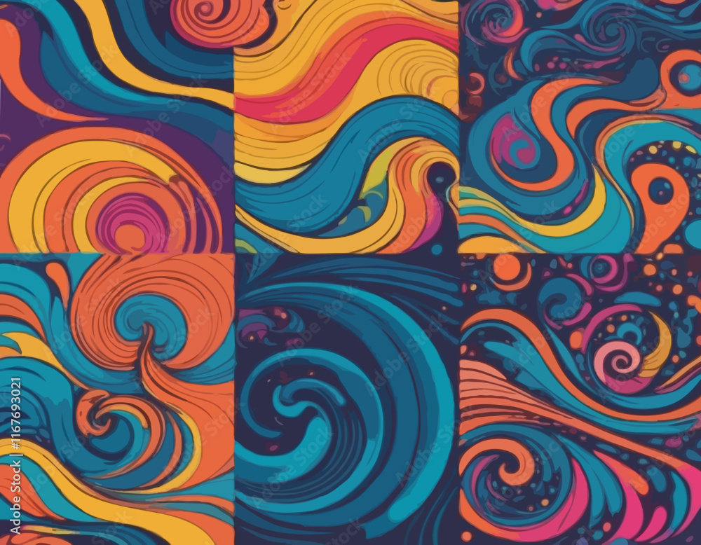 Poster set of wavy seamless trippy patterns in psychedelic colors. abstract vector swirl backgrounds. 70s a