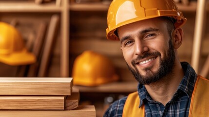 Construction worker smiling with lumber workshop portrait indoor close-up professionalism