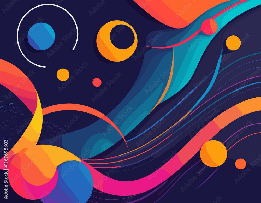 Poster Abstract Background with Dynamic Colorful Line Shapes. Vector Geometric Pattern with Squiggle Gradient Elements.