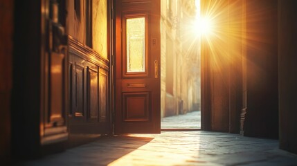Sunlit doorway opens to a sun-drenched street.