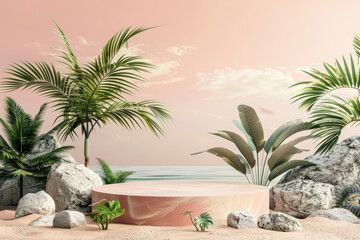 Minimal Display Podium for Product and Cosmetic Presentations with a Summer Beach Scene. Perfect for Elegant Outdoor Events, Product Launches, and Beachside Showcases.