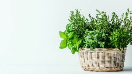 Naklejka premium Fresh Herbs in a Basket on a White Table