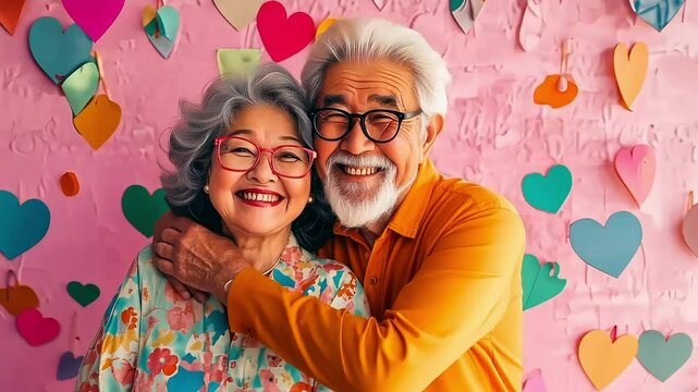 Asian senior couple in love and romance. Man and woman smiling and hugging with colorful paper herats on the background