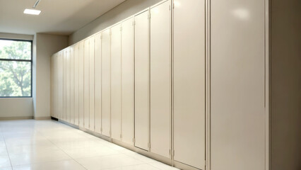 Long row of beige lockers in bright school hallway