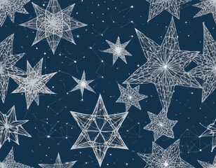 Seamless Patterns Set with Sparkle Star Shapes and Wireframe Mesh. Vector Abstract Geometric Texture in White and Blue Colors