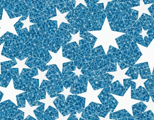 Seamless Patterns Set with Sparkle Star Shapes and Wireframe Mesh. Vector Abstract Geometric Texture in White and Blue Colors