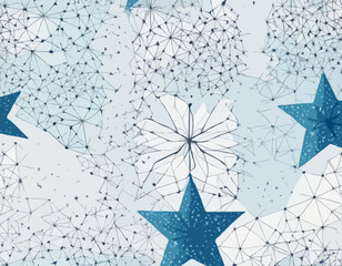 Seamless Patterns Set with Sparkle Star Shapes and Wireframe Mesh. Vector Abstract Geometric Texture in White and Blue Colors
