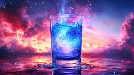 Colorful cosmic water glass reflects ethereal beauty in a sunset sky