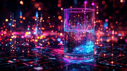 Colorful water splash from a glass creates mesmerizing light patterns in a dark setting
