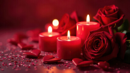 Romantic candlelit scene with red roses and heart decorations