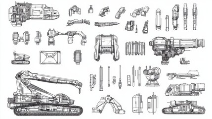 Obraz premium Business and high-tech linear vector isolated illustration bundle. Industrial robotic technologies, renewable energy, server security. Construction heavy machinery. Business people communication.