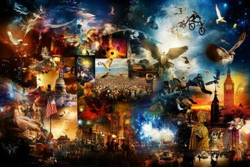 Surreal collage: diverse scenes, celestial elements, birds in flight.