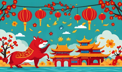 Obraz premium Red fox celebrating chinese new year in front of traditional temple