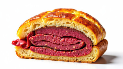 Delicious pastrami sandwich on fresh bread with mustard seeds