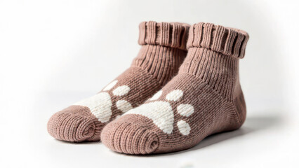 Cozy brown woolen socks with white paw prints on cuffs for winter comfort