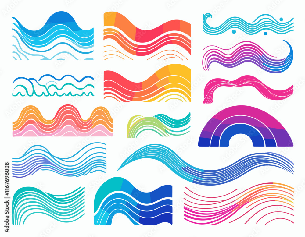 Poster abstract color rainbow gradient shapes set. vector graphic with wavy lines in bright colors. colorfu