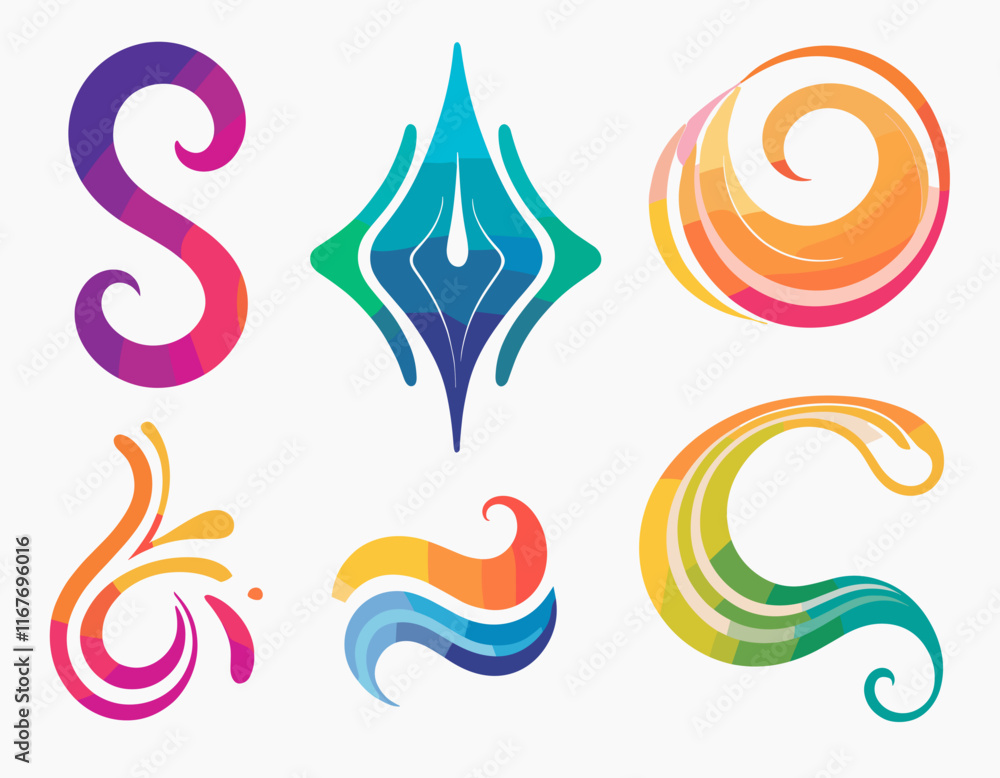 Poster abstract color rainbow gradient shapes set. vector graphic with wavy lines in bright colors. colorfu