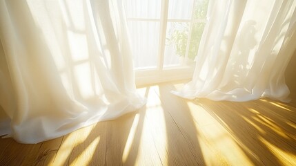 Sunlight streaming through sheer curtains onto a wooden floor, creating a warm, inviting atmosphere.