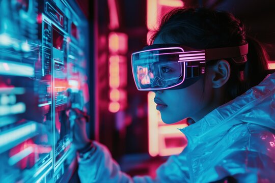 Software engineer wearing augmented reality glasses working with transparent screen in futuristic server room - Powered by Adobe