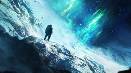 Obraz premium Astronaut exploring an alien landscape under a vibrant aurora in a distant galaxy