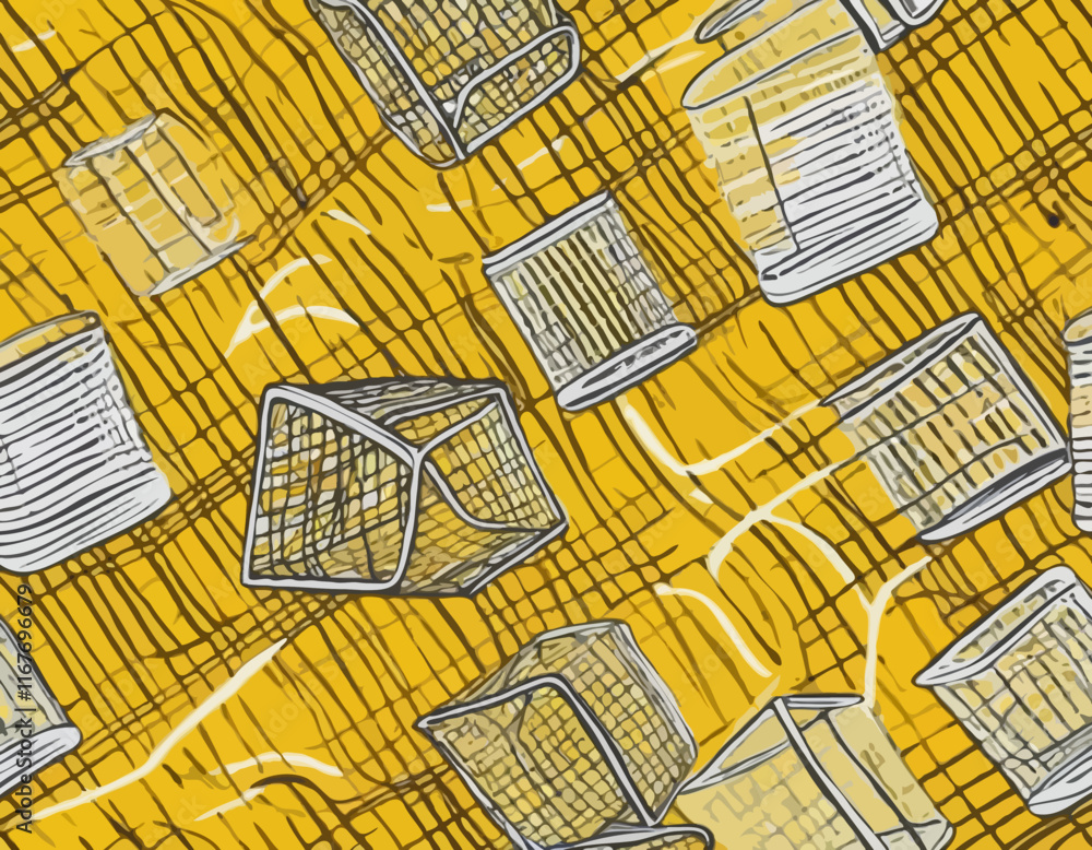 Poster distorted background with white cage on yellow. abstract psychedelic pattern with wavy doodle stripe