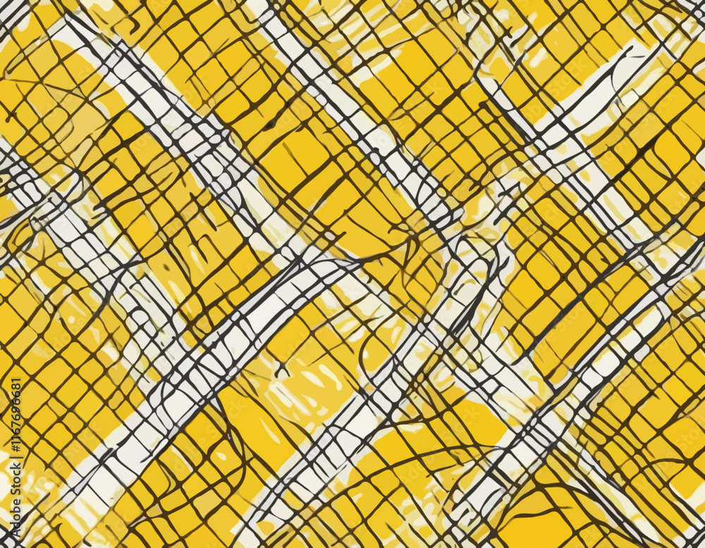 Poster distorted background with white cage on yellow. abstract psychedelic pattern with wavy doodle stripe