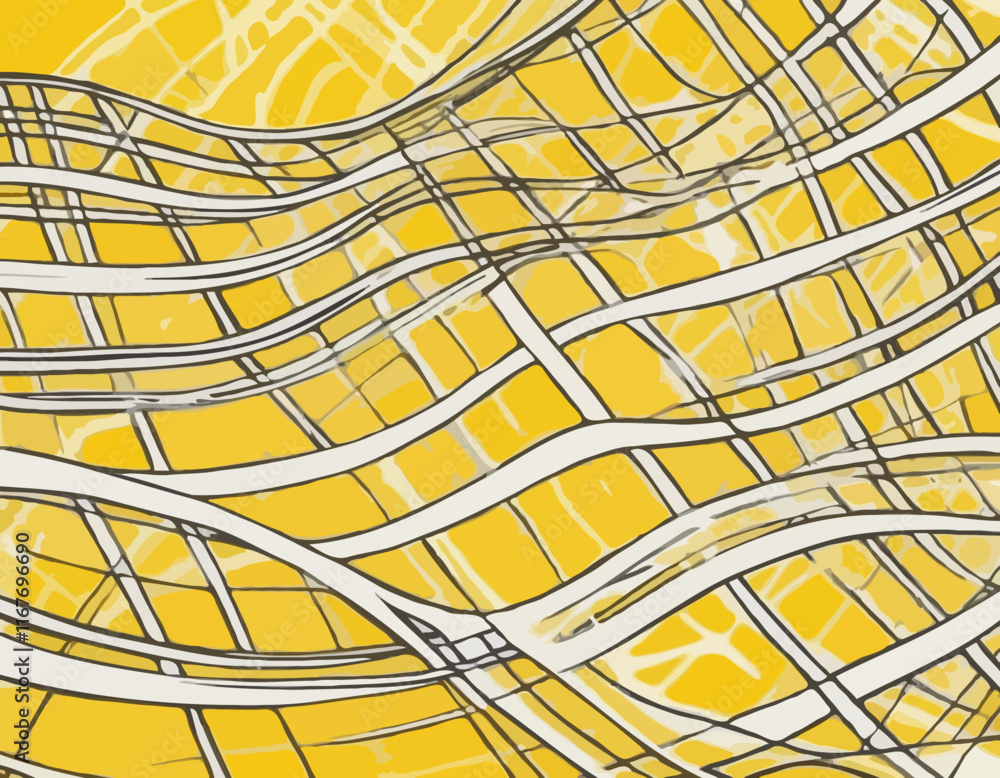 Poster distorted background with white cage on yellow. abstract psychedelic pattern with wavy doodle stripe