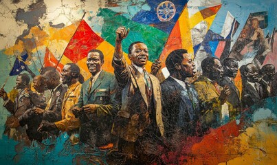 Fototapeta premium Abstract painting; figures with flags, celebrating.