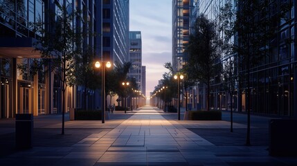 Empty city street at dawn with modern office buildings