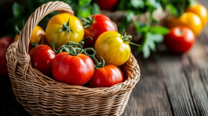 Fresh Tomatoes in a Basket on a Wooden Table