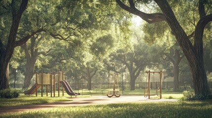 Sunlit playground in a lush park with trees, slides, and swings.