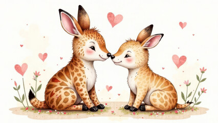 Fototapeta premium Adorable cartoon romantic giraffe rabbits with hearts and flowers
