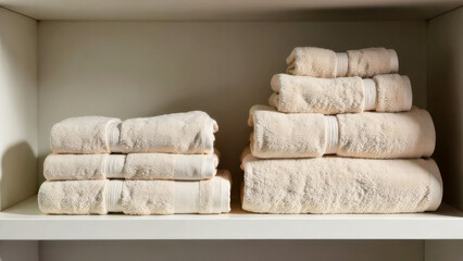 Neatly stacked beige towels on white shelf