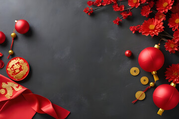 Chinese new year decorations forming a border on dark background
