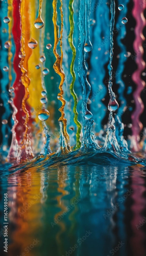 Poster vibrant colored liquid streams splashing into water, creating a mesmerizing reflection of color and 