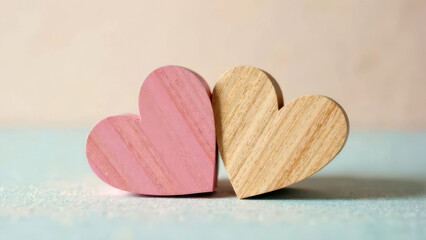 Obraz premium Rustic wooden hearts in pastel tones on soft blue background