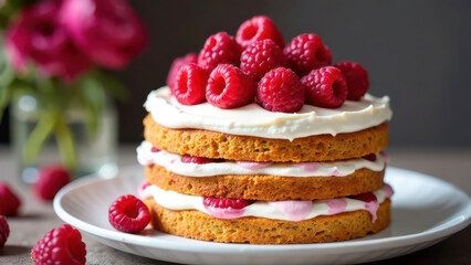 Raspberry layer cake with cream and fresh berries on a white plate