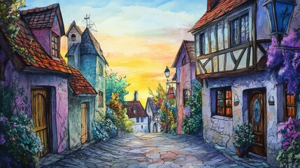 Naklejka premium colorful anime manga style, quaint cottage street, 16:9