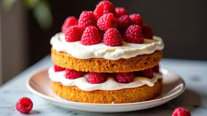 Delicious raspberry layer cake with cream topping