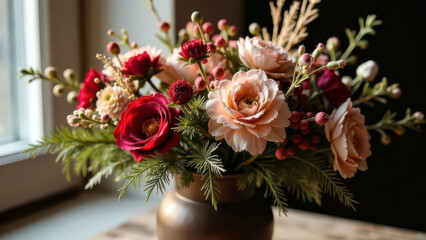 Elegant floral arrangement featuring pink and red roses in vase by window